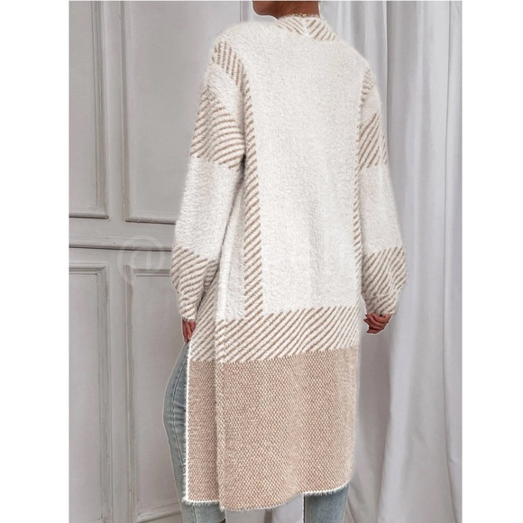 Fuzzy Longline Duster Cardigan Open Long Sleeve Colorblock White Beige - Picture 6 of 9